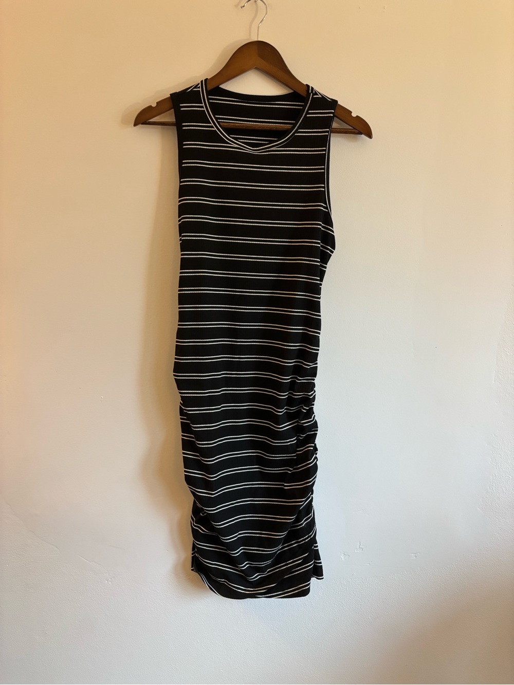 Sleeveless Black & White Striped Ruched Midi Dress